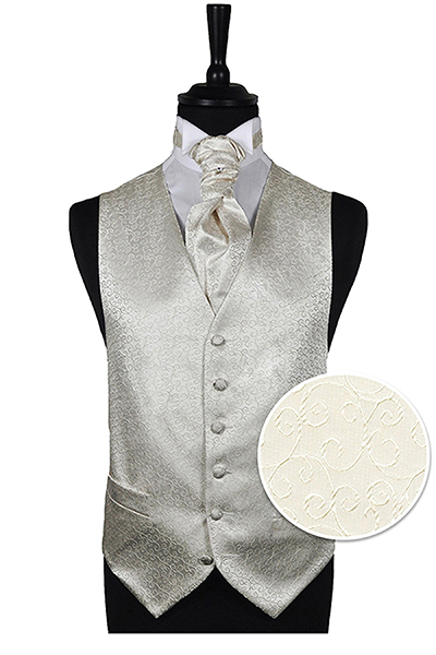 DQT Satin Plain Solid Ivory Mens Wedding Waistcoat & Cravat Set 